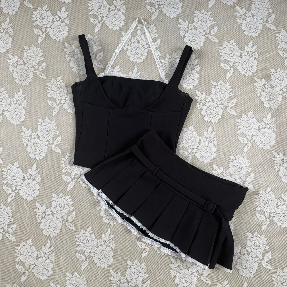 Edikted Black Corset Top & Pleated Mini Skirt Set XS